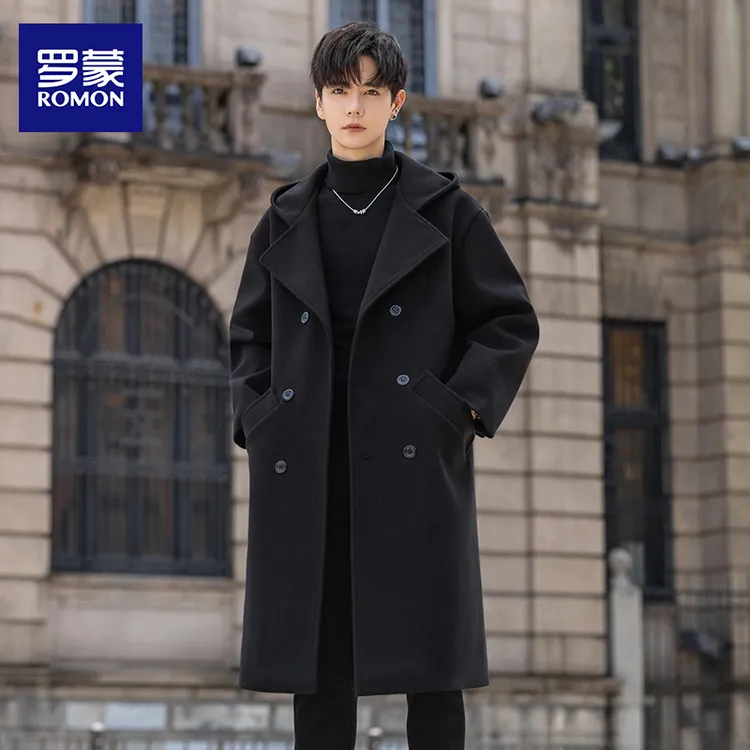 罗蒙秋季连帽男装潮牌痞帅高级感过膝毛呢大衣休闲时尚百搭男外套
