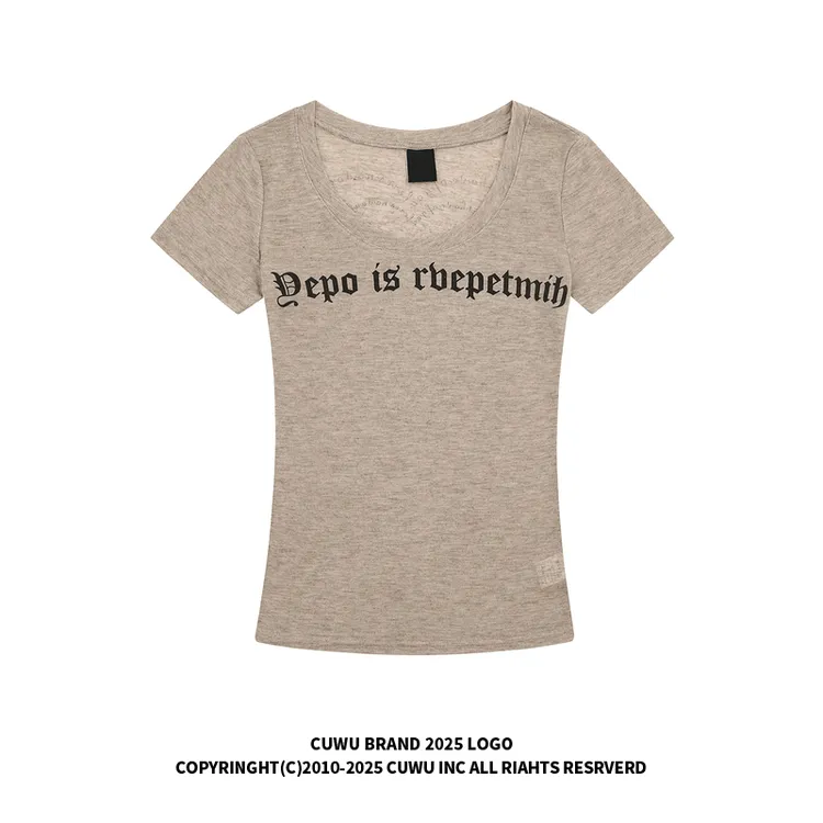 cuwu美式复古U领纯欲微透短袖T恤女夏季新款修身显瘦辣妹正肩上衣