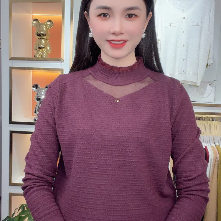 【妮妮】新款半高领洋气针织打底衫百搭纱网长袖上衣