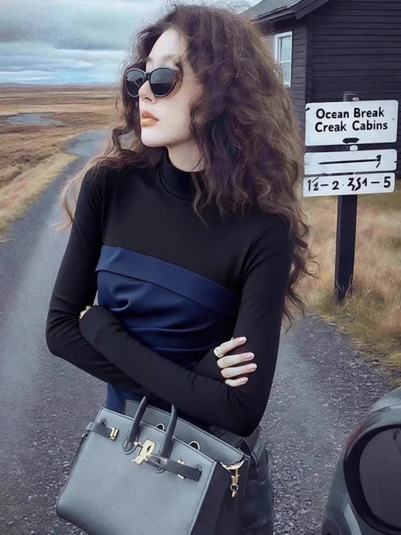 撞色拼接假两件长袖T恤女秋冬新款不规则高级设计感修身内搭上衣