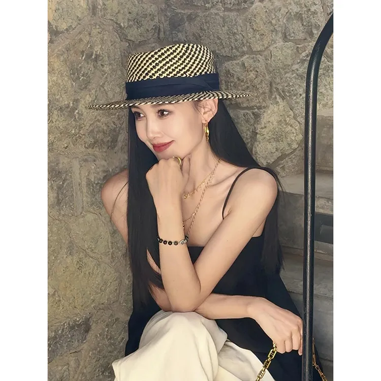 法式复古老钱风拼色草编平顶草帽女夏季海边度假防晒遮阳帽子礼帽