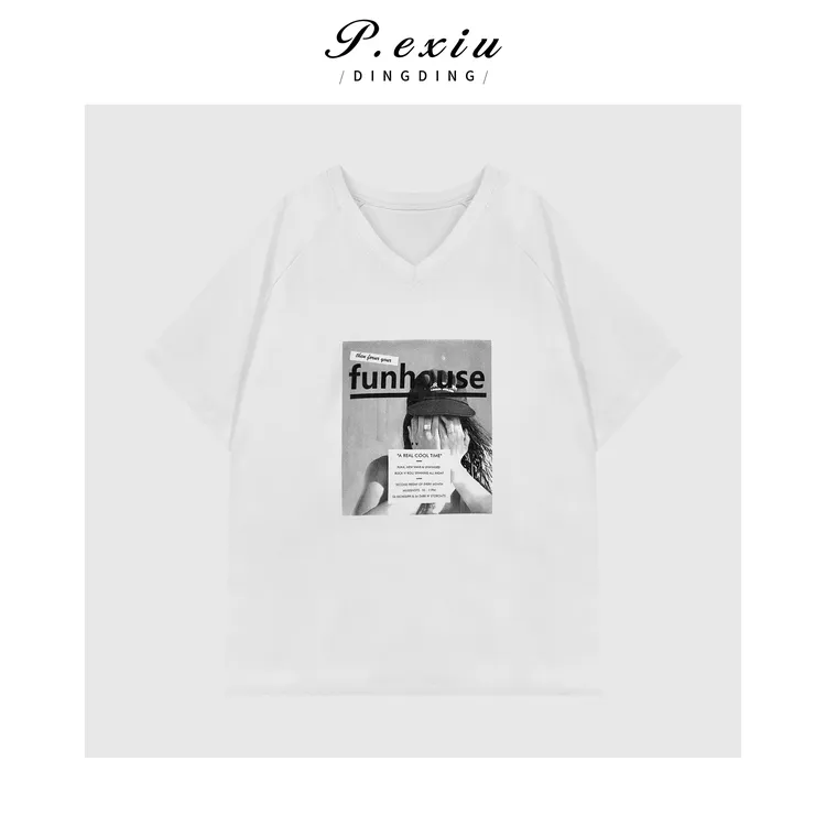 小众设计韩系印花廓形宽松V领短袖T恤 G9206