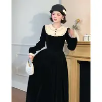 鹿和琪 法式复古赫本风黑色丝绒长袖连衣裙女秋冬67338/67432