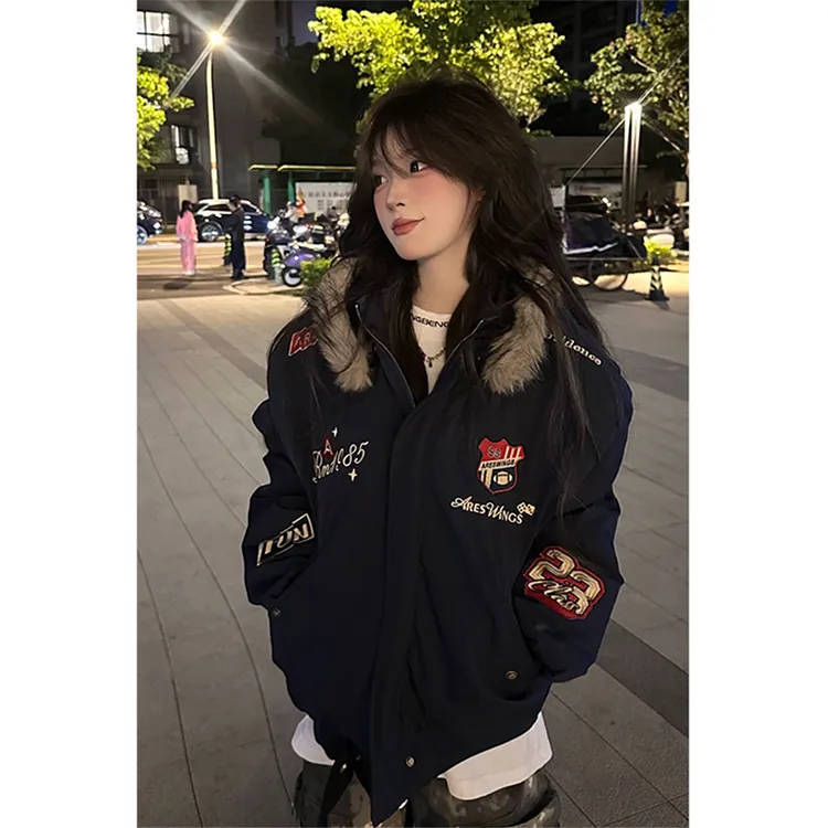 美式hiphop刺绣飞行夹克座山雕棉服男女款冬季连帽棒球服棉衣外套