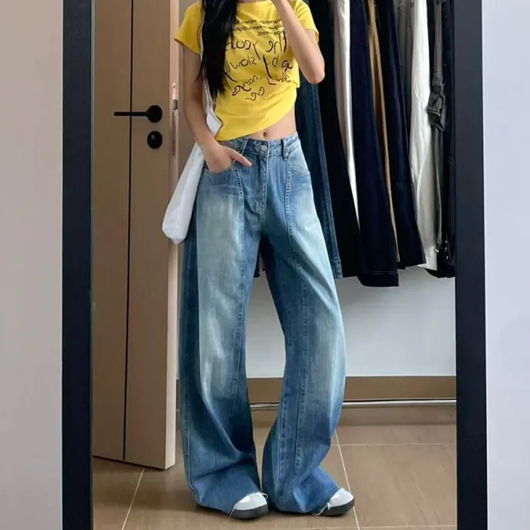 微胖mm复古水洗闪电纹弯刀牛仔裤女秋季新款设计感宽松阔腿拖地裤