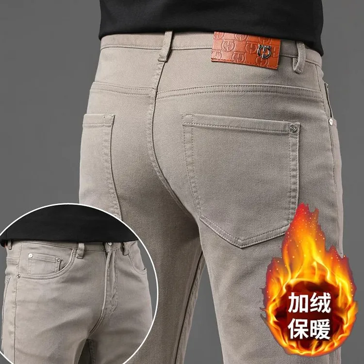 轻奢高端加绒牛仔裤男2025秋冬新款修身保暖小直筒休闲裤子