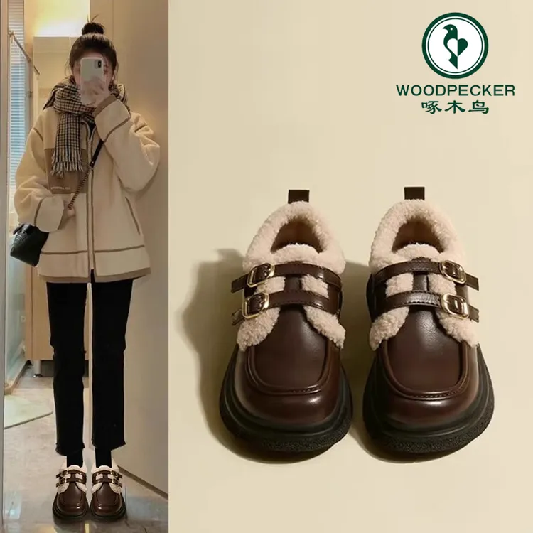 啄木鸟小皮鞋女2024新款冬季女鞋加绒英伦风棉鞋子毛毛鞋乐福鞋女