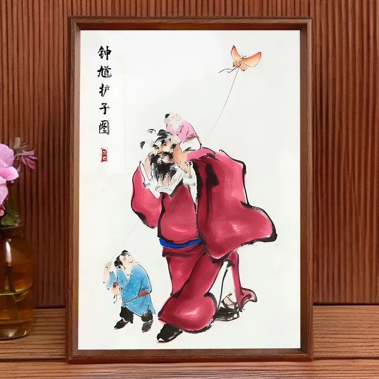 钟馗护子图天师摆台客厅书房玄关桌面相框摆台摆件有框