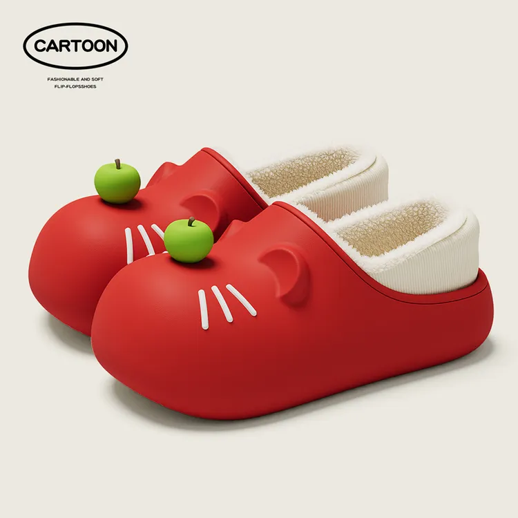 猫力苹果小猫防水棉拖鞋女冬季2025新款室内居家保暖卡通亲子棉鞋