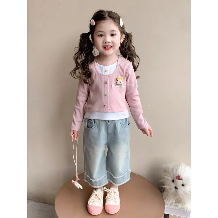 女童长袖恤春季新款儿童休闲卡通假两件上衣潮宝宝撞色衣服