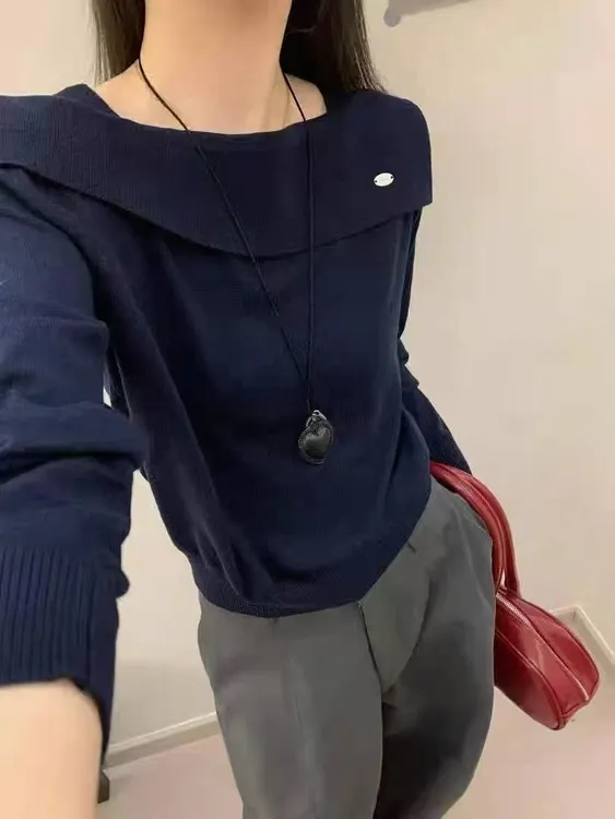 【绵羊毛】早秋设计感大翻领慵懒A版时尚长袖针织衫减龄显瘦上衣女