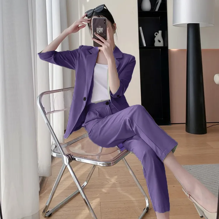 薄款西装套装女夏新款干练气质胖mm时尚休闲西服九分裤两件套大码