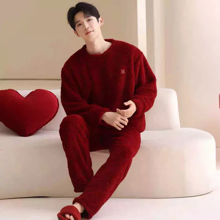 本命年睡衣男士冬季珊瑚绒加厚保暖红色休闲简约套头男家居服套装