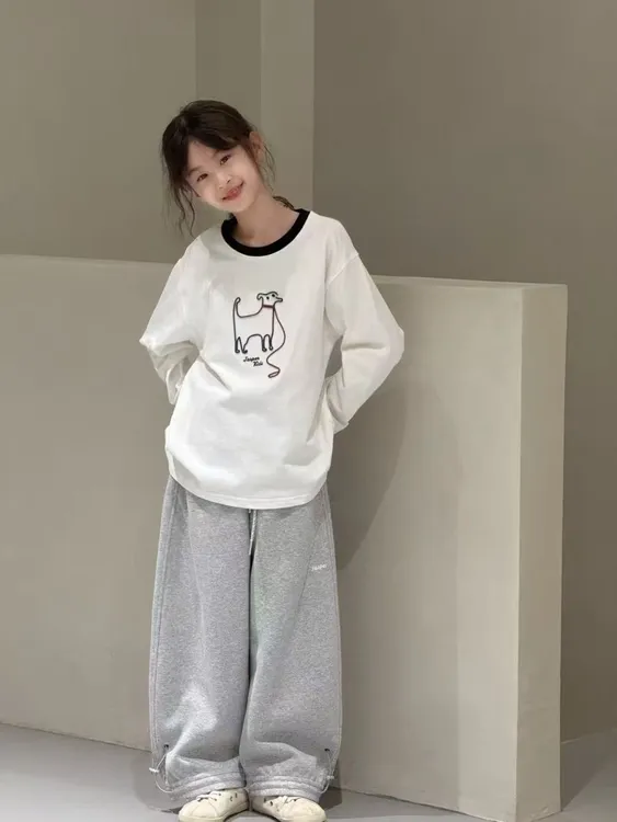 女童长袖秋款牙刷绣打底衫女孩休闲洋气圆领春秋zb6052简约童品