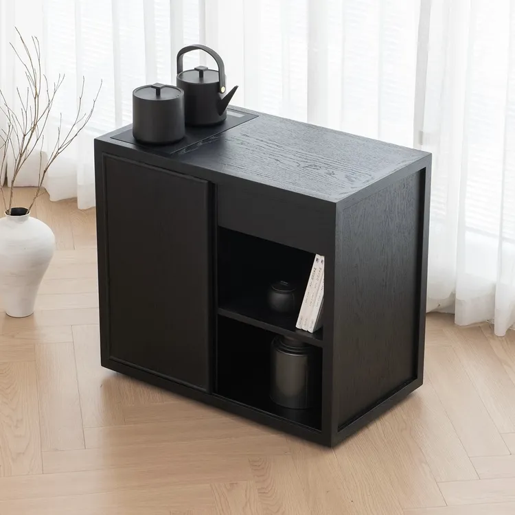 茶水柜黑色实木茶桌侧边柜现代家用客厅烧水柜茶推车边几