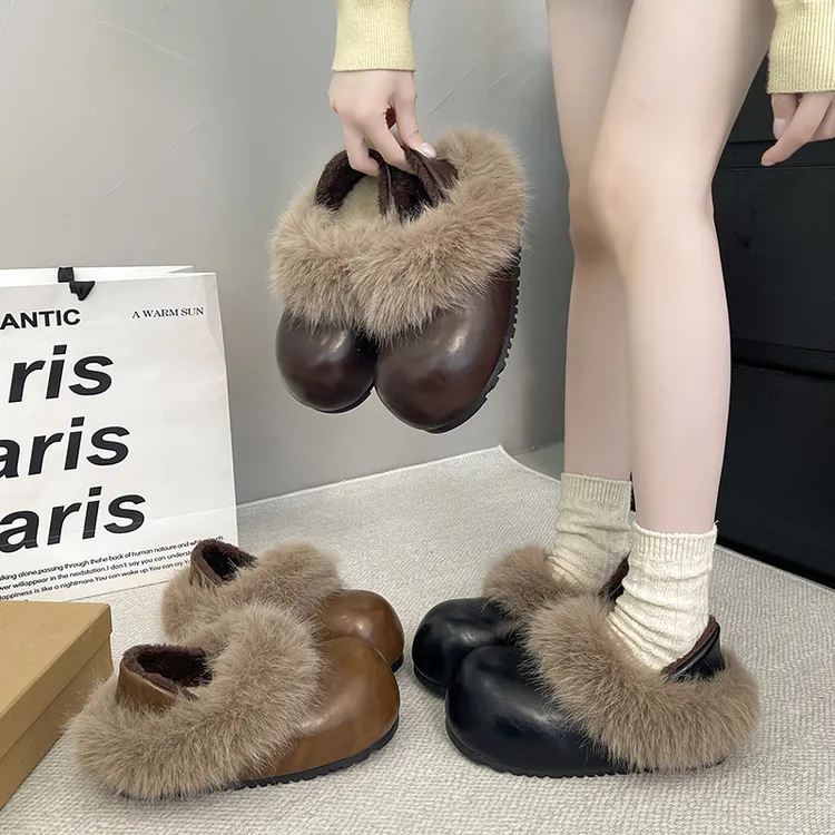 超火斯拉夫式毛毛加绒两穿棉鞋女冬季新款外穿保暖懒人一脚蹬棉鞋
