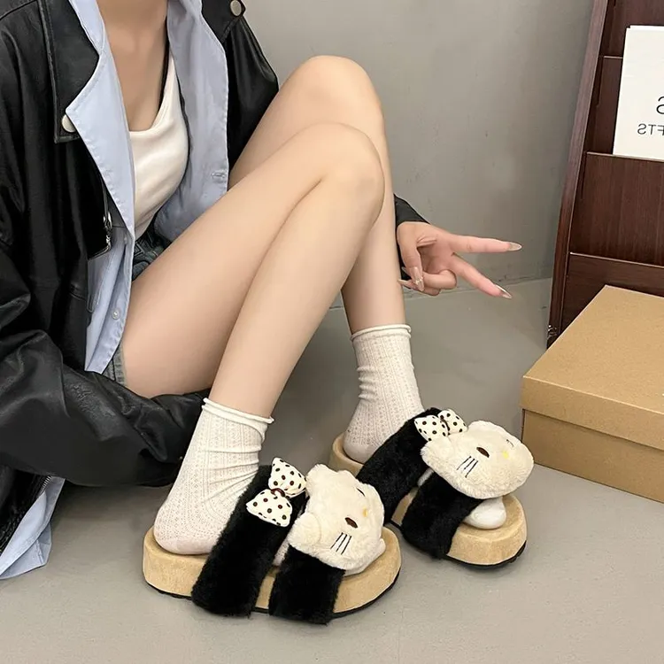 可爱卡通毛毛鞋女2025年秋冬季新款增高外穿时尚软底防滑厚底拖鞋