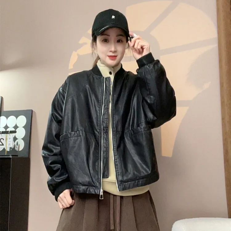 S8988#休闲宽松加绒纯色PU皮保暖冬季棒球领韩版皮衣外套