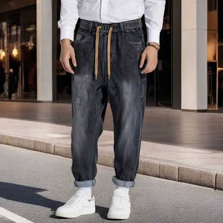 80-300斤大码秋冬款胖子牛仔裤加绒宽松潮牌松紧小脚休闲哈伦长裤