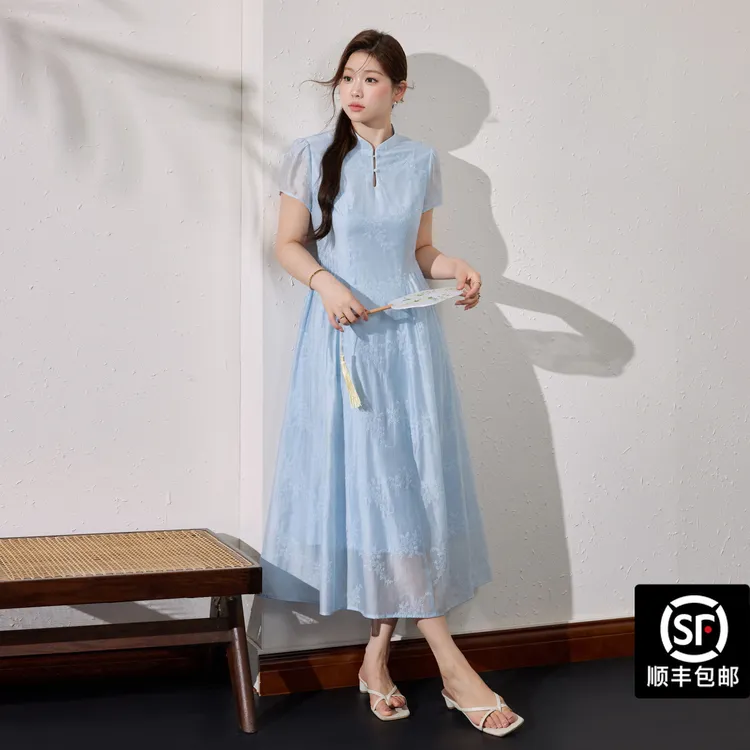 蓝语大码女装新中式重工绣花天丝改良旗袍夏季新款收腰显瘦连衣裙