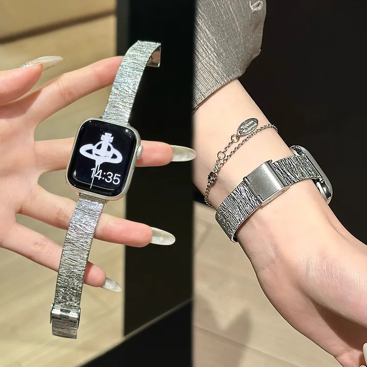适用iwatch10苹果手表applewatch9表带s8肌理纹不锈钢细款女士SE2
