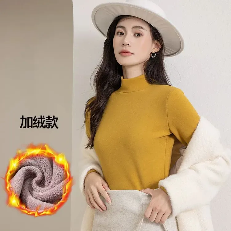加绒加厚打底衫女无痕半高领百搭显瘦长袖保暖奥粒绒女打底衫加大