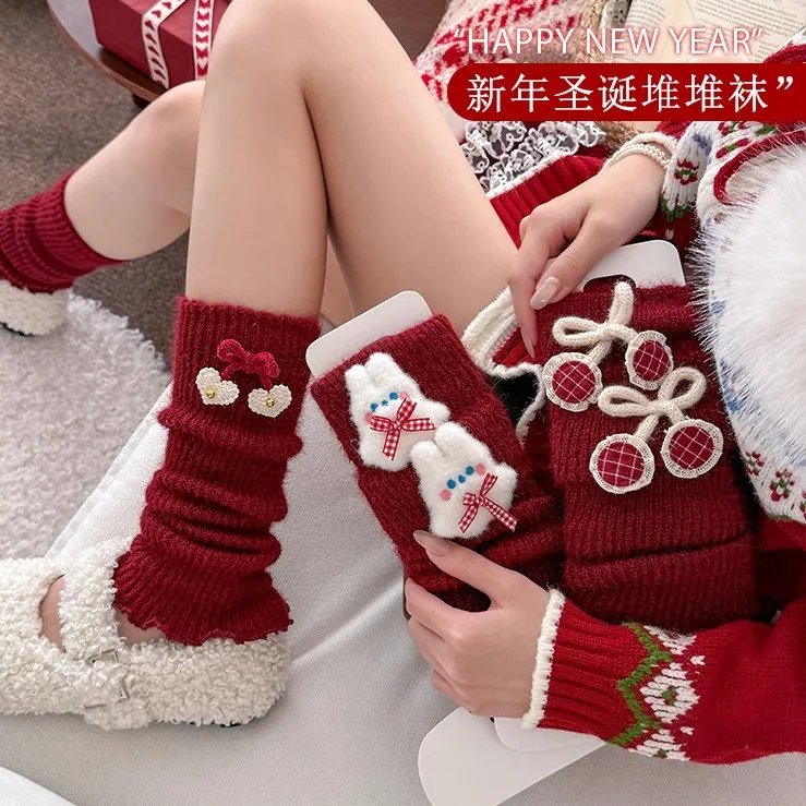 红色袜套新年堆堆袜子女童秋冬季圣诞节腿套可爱蝴蝶结本命年长筒