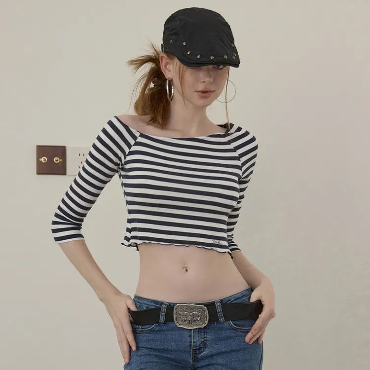 wooha 吾哈2025早秋新款甜辣斜肩黑白条纹中袖T恤女W531025595