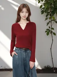 小薇针织衫 修身显瘦V领喇叭袖上衣