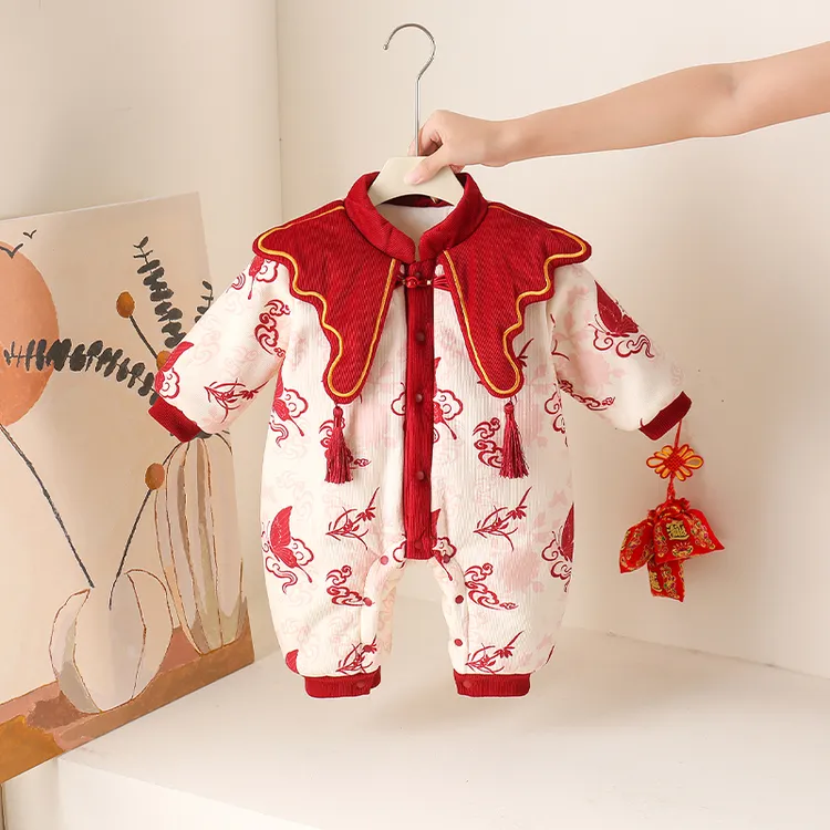 婴儿衣服冬季中式连体衣保暖过年喜庆冬装满月百天周岁女宝宝礼服