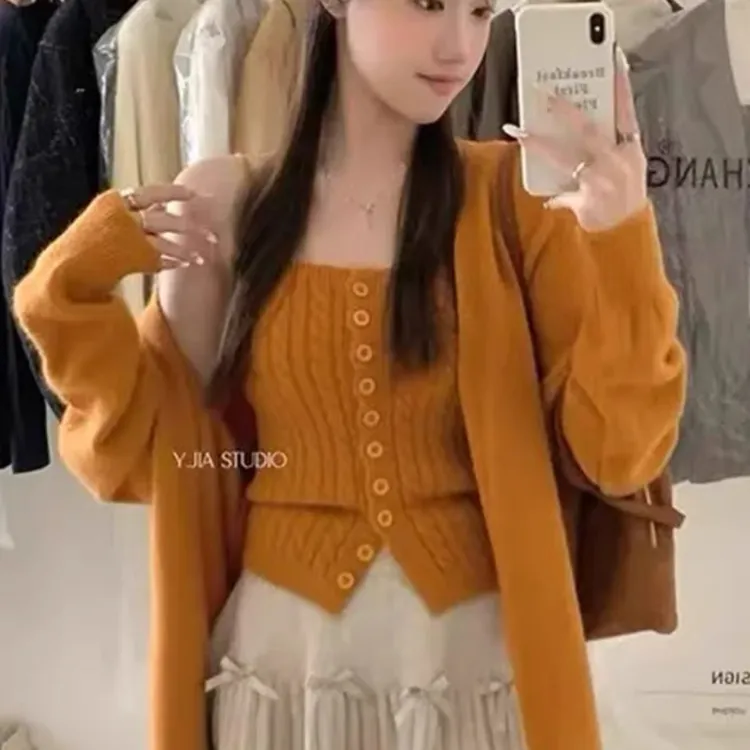 2025秋季新款韩系麻花针织两件套吊带背心V领宽松纯色开衫外套女