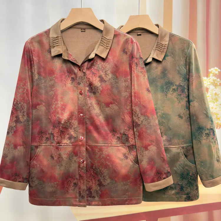 老年人妈妈秋装长袖衬衫婆婆奶奶宽松衬衣薄外套老太太衣服春秋款
