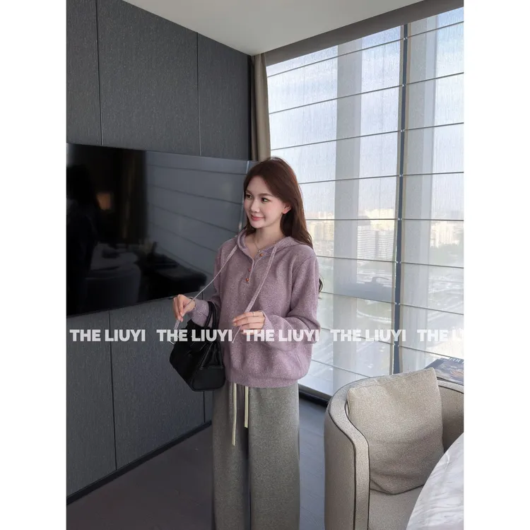 【LIUYI】韩系花纱显白连帽套头针织毛衣51030A7