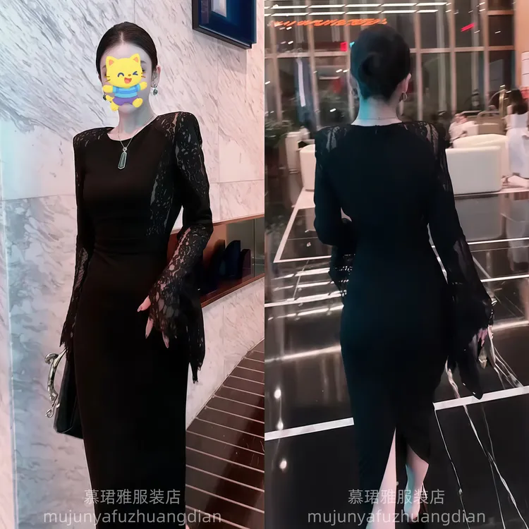 名媛气质时尚高级蕾丝拼接中长款连衣裙2025秋季新款轻奢裙子女