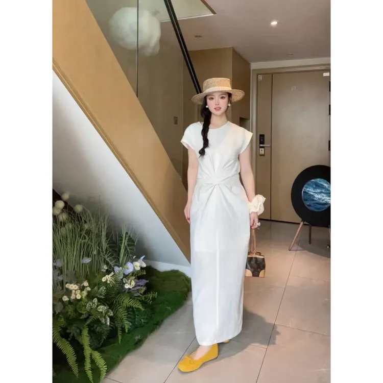 高个子加长款极简风连衣裙女老钱风扭结褶皱长裙到脚踝超长款