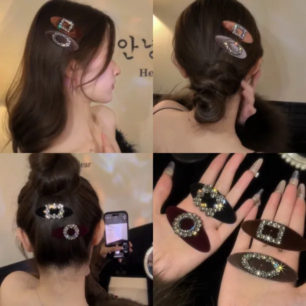 韩国东大门轻奢复古丝绒水钻法式发夹秋冬高级感气质刘海夹侧边夹