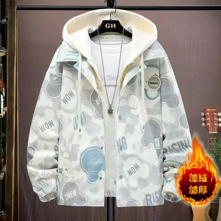秋冬季外套男青少年初高中学生连帽印花加绒夹克宽松休闲潮牌上衣
