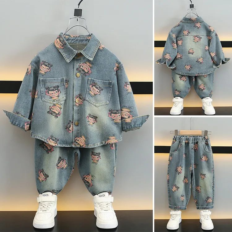 男童套装2025春季新款男宝洋气哪吒印花休闲外套牛仔裤两件套春装