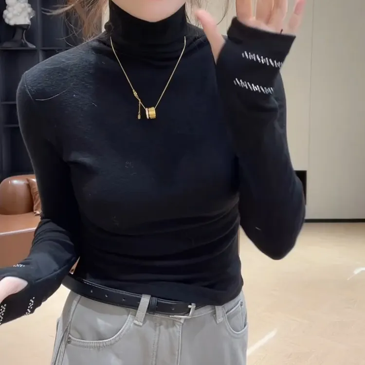 秋冬百搭时尚烫钻手袖显瘦保暖打底上衣长袖LK2507581