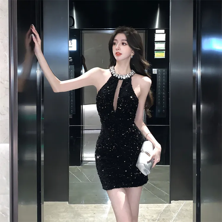 爆款名媛风性感修身包臀连衣裙亮片钉珠无袖年会派对礼服裙丝绒
