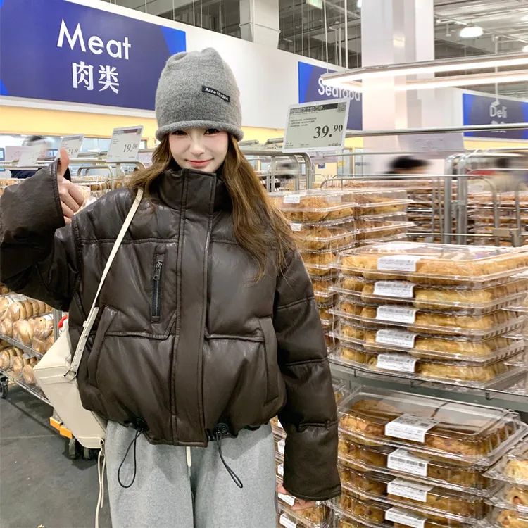 PU皮美拉德羽绒服女2024冬季新款甜酷炸街保暖白鸭绒短款面包服潮