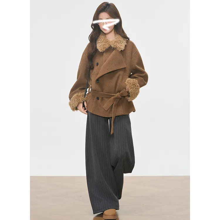 秋冬宽松时尚休闲毛领厚款毛呢大衣外套女士小个子高级设计感