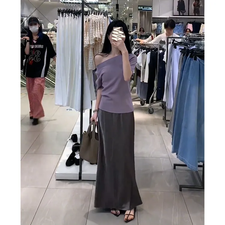 2025夏季新款法式设计感修身露肩短袖上衣气质高腰显瘦缎面半身裙