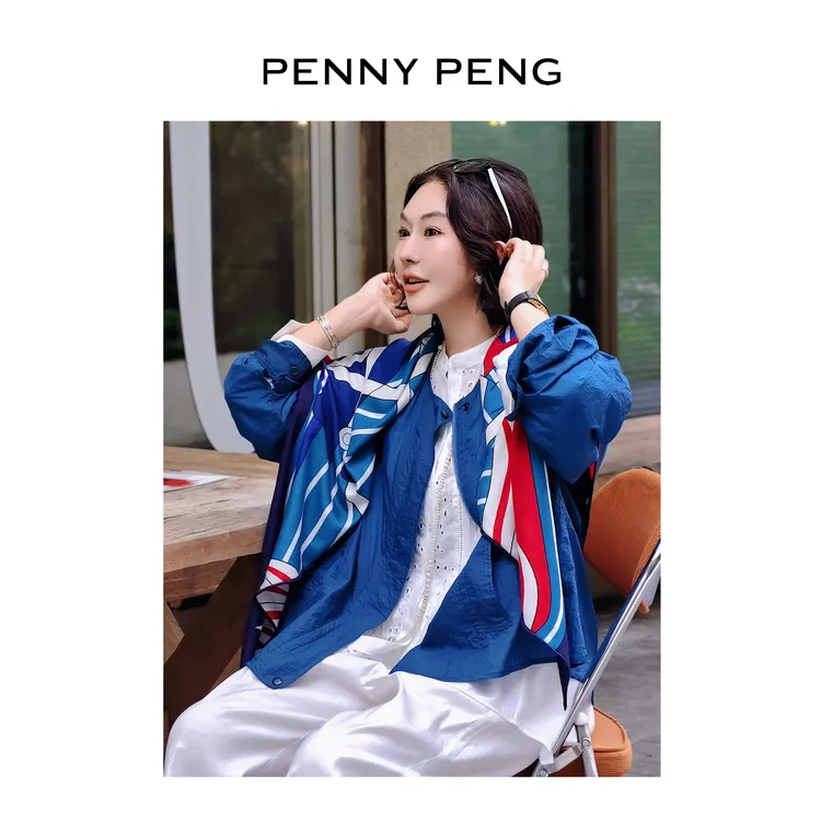 PENNYPENG 蒙德里安 蓝色百搭气质绵羊毛围巾印花拼色法式披肩女