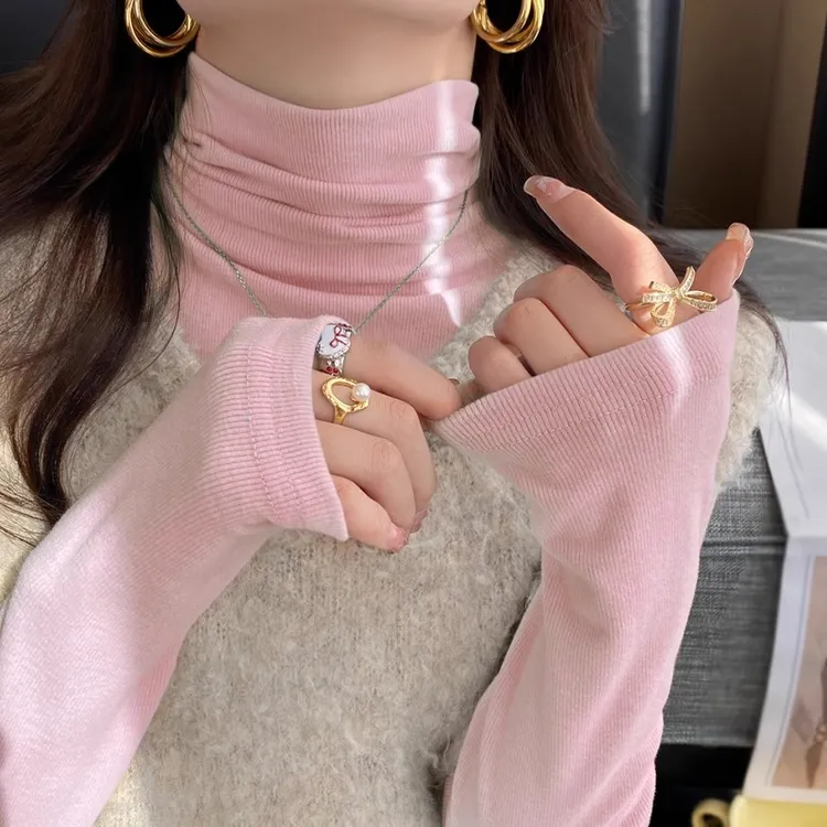 粉色高领打底衫女秋冬内搭2025新款修身高级感洋气堆堆领磨毛上衣