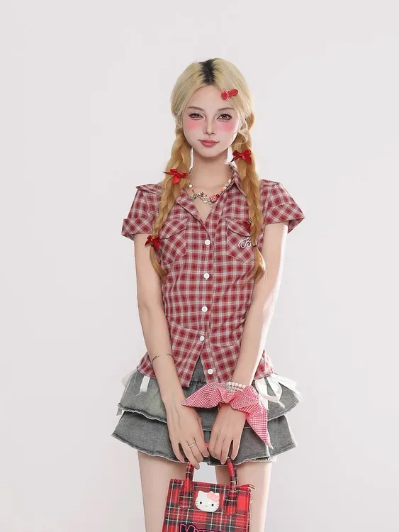 美式辣妹格纹短袖衬衫女装夏季修身显瘦收腰衬衣休闲短袖polo上衣