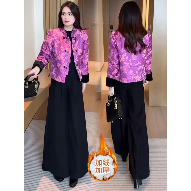 拉夏贝尔新中式国风短外套女2025冬季加绒盘扣高级感复古长袖上衣