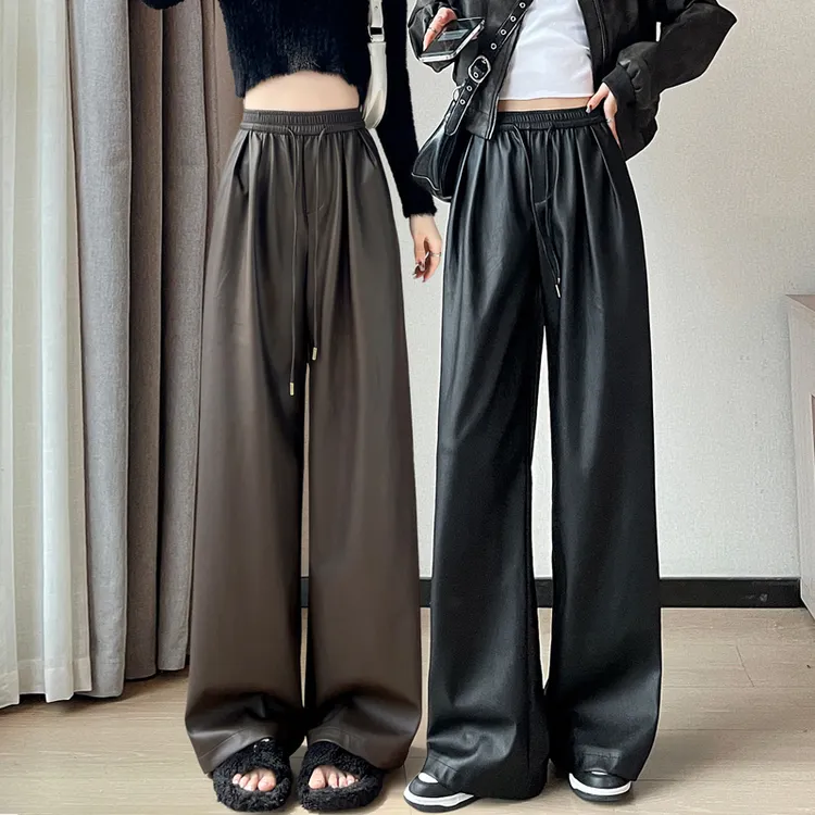 美拉德咖色皮裤女春秋冬加绒新款高腰宽松直筒PU皮防风阔腿裤裤子