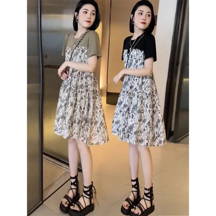 高级感气质假两件碎花连衣裙女2025新款时尚收腰显瘦小黑裙a字裙