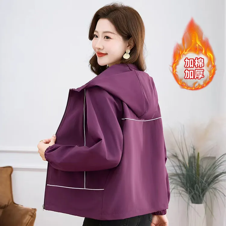 春秋季加棉加厚连帽韩版女士短款休闲长袖宽松百搭女夹克短外套女